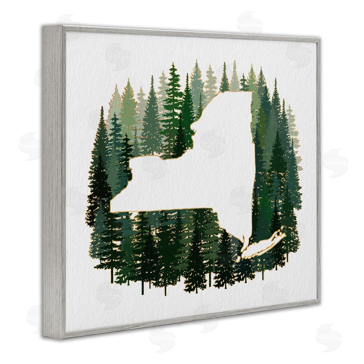 Ziwei Li New York State Outline Green Forest Pine Trees Gray Framed Giclee Wall Art