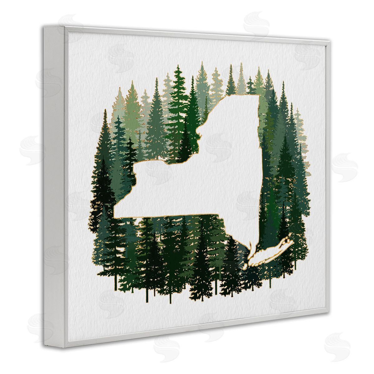 Ziwei Li New York State Outline Green Forest Pine Trees White Framed Giclee Wall Art