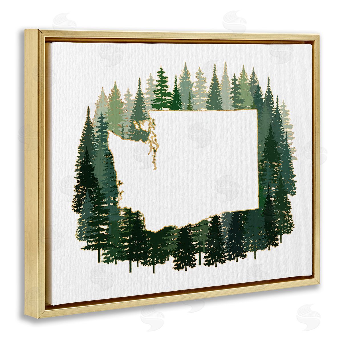 Ziwei Li Washington State Outline Pine Trees Green Forest Gold Floater Frame Canvas Art