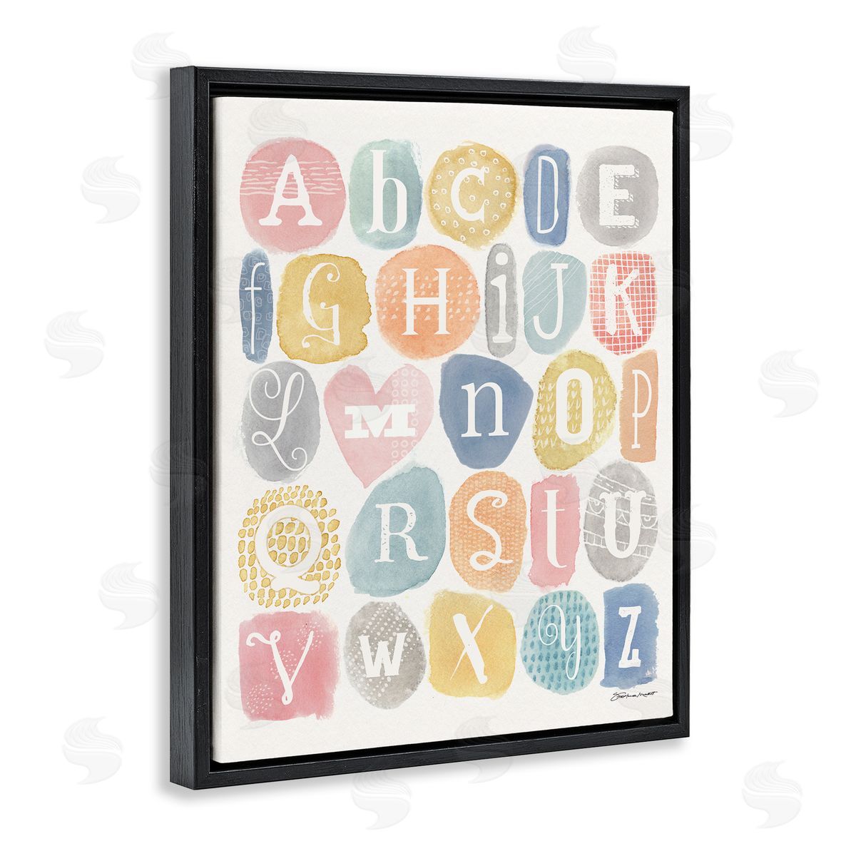 Stephanie Workman Marrott Soft Pattern Watercolor Letters Alphabet Chart Black Floater Frame Canvas Art