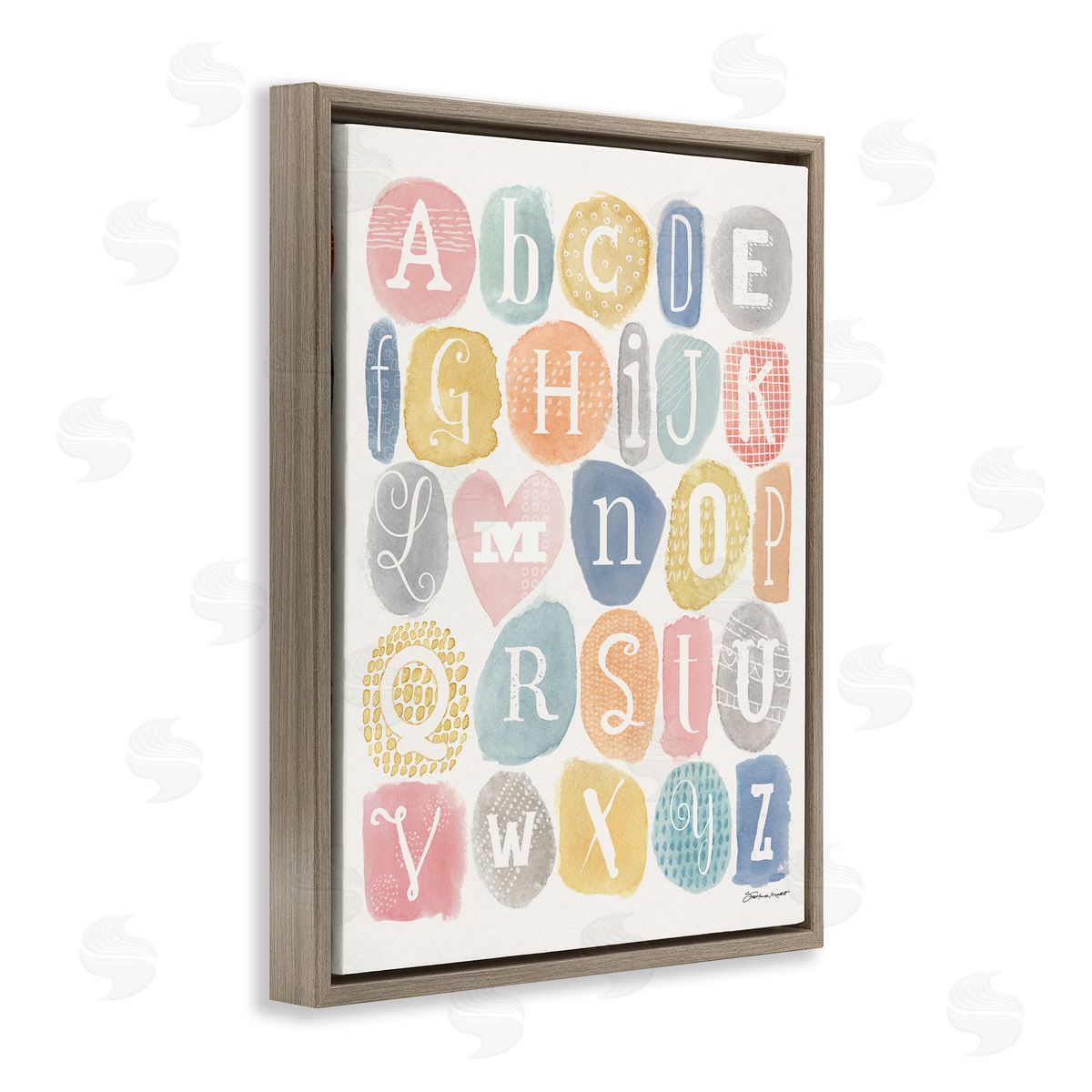 Stephanie Workman Marrott Soft Pattern Watercolor Letters Alphabet Chart Brown Floater Frame Canvas Art