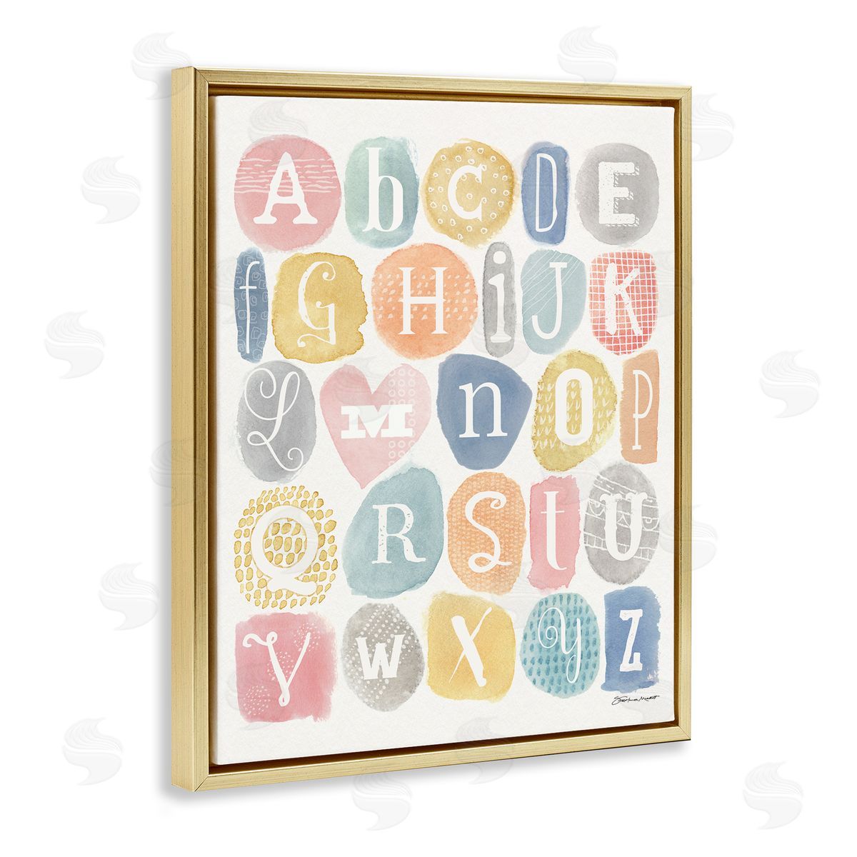 Stephanie Workman Marrott Soft Pattern Watercolor Letters Alphabet Chart Gold Floater Frame Canvas Art