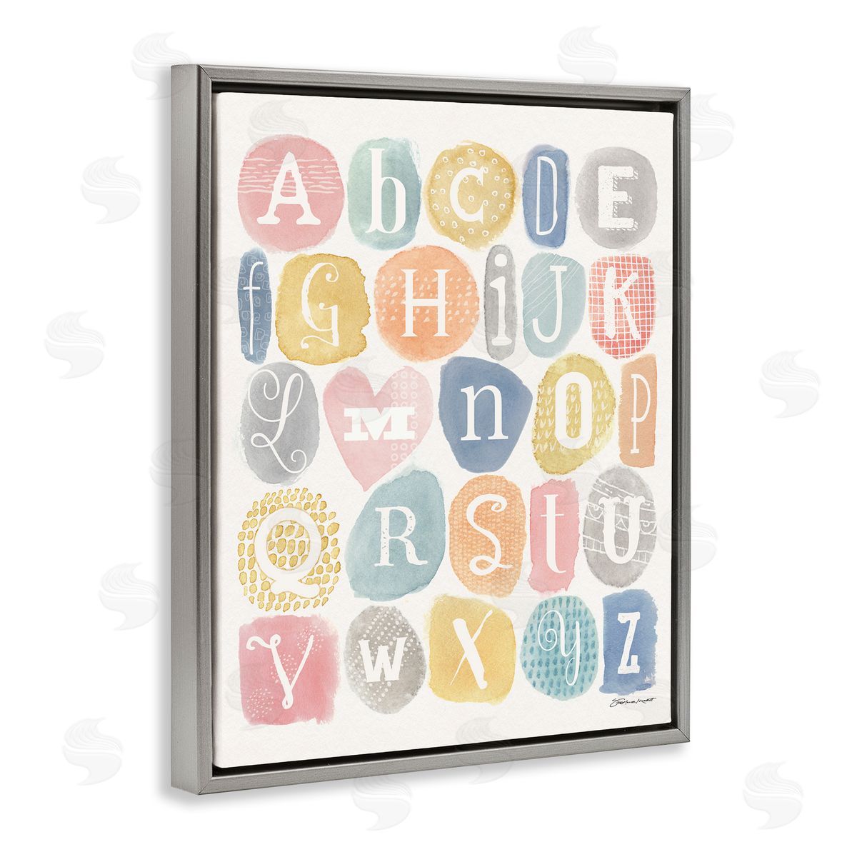 Stephanie Workman Marrott Soft Pattern Watercolor Letters Alphabet Chart Gray Floater Frame Canvas Art