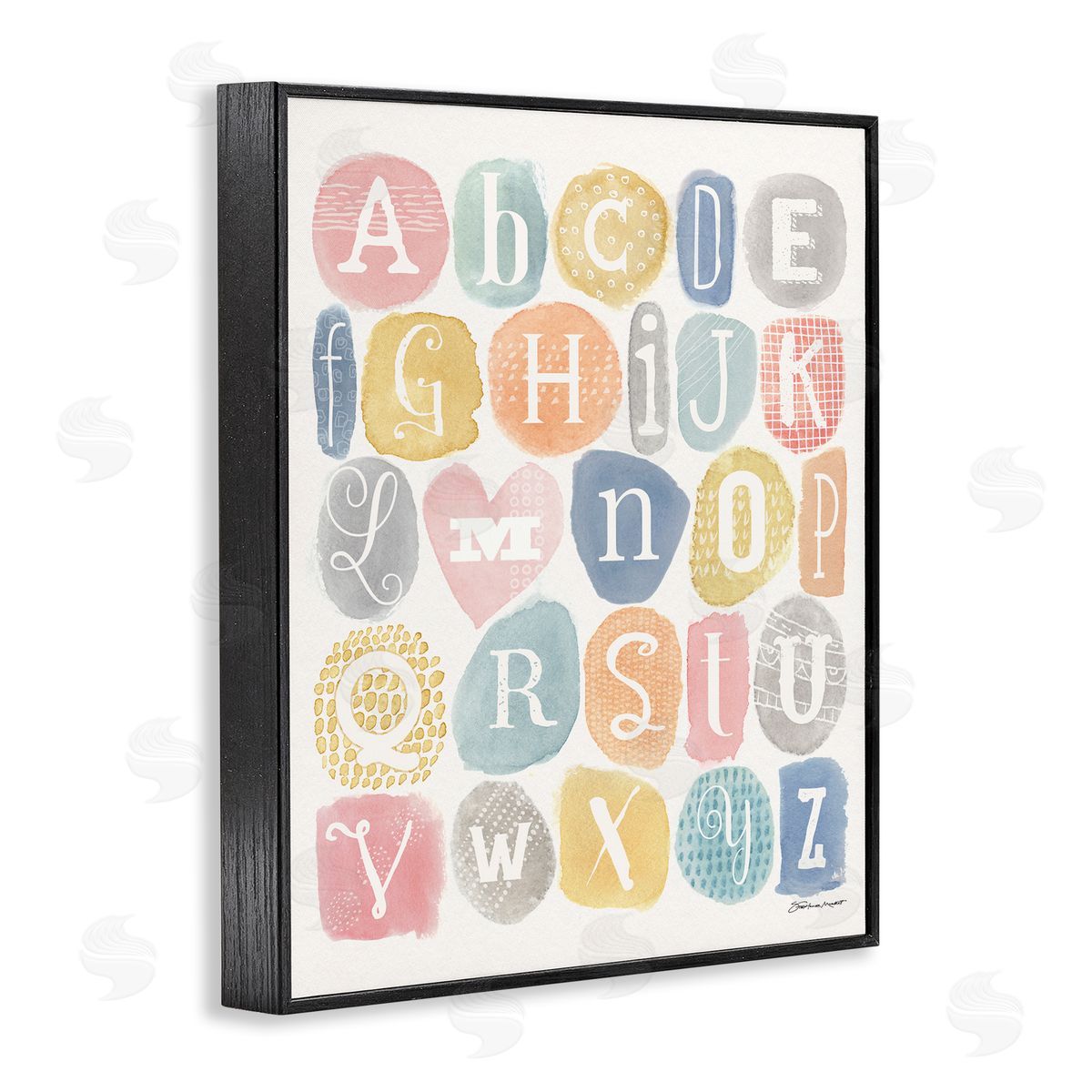 Stephanie Workman Marrott Soft Pattern Watercolor Letters Alphabet Chart Black Framed Giclee Wall Art