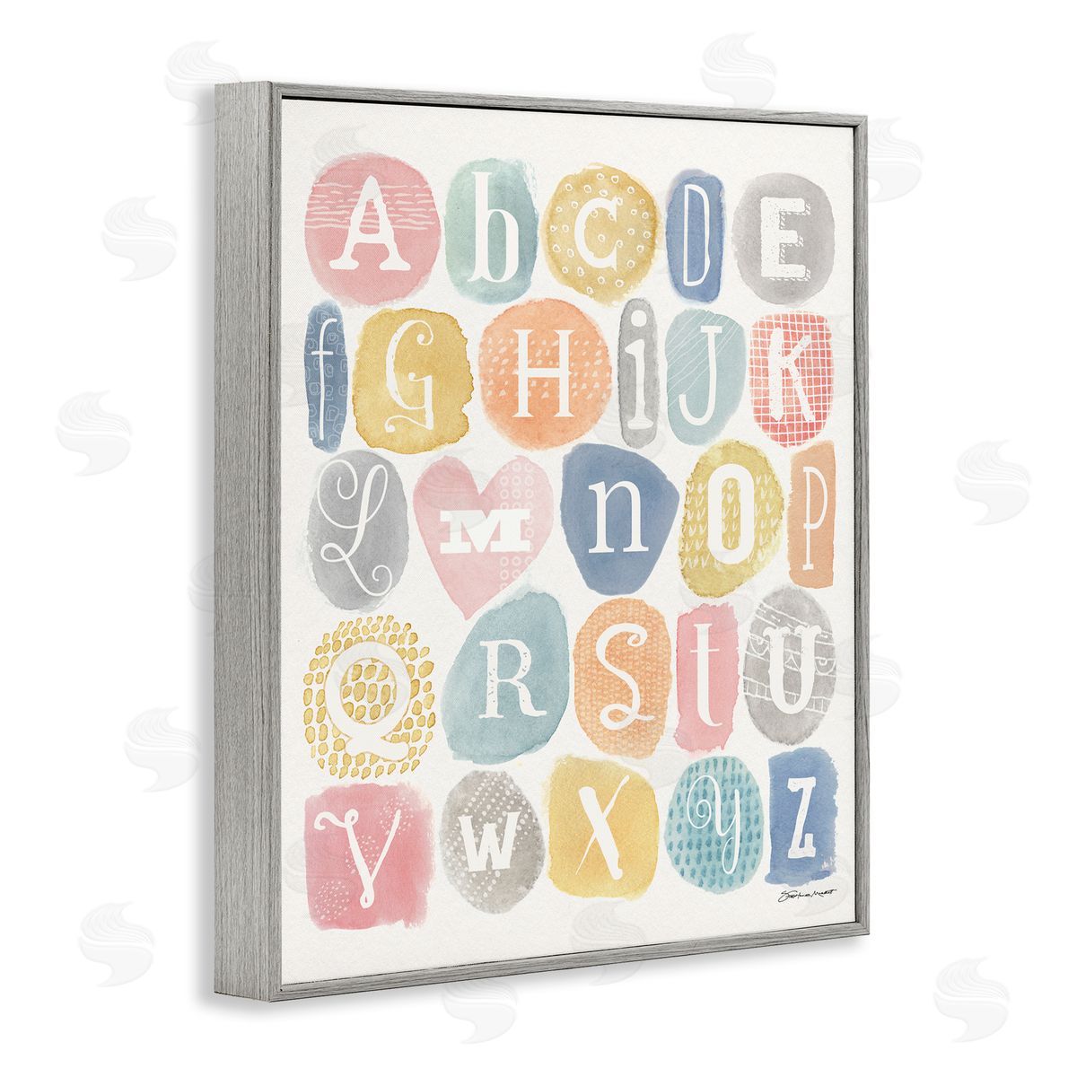 Stephanie Workman Marrott Soft Pattern Watercolor Letters Alphabet Chart Gray Framed Giclee Wall Art