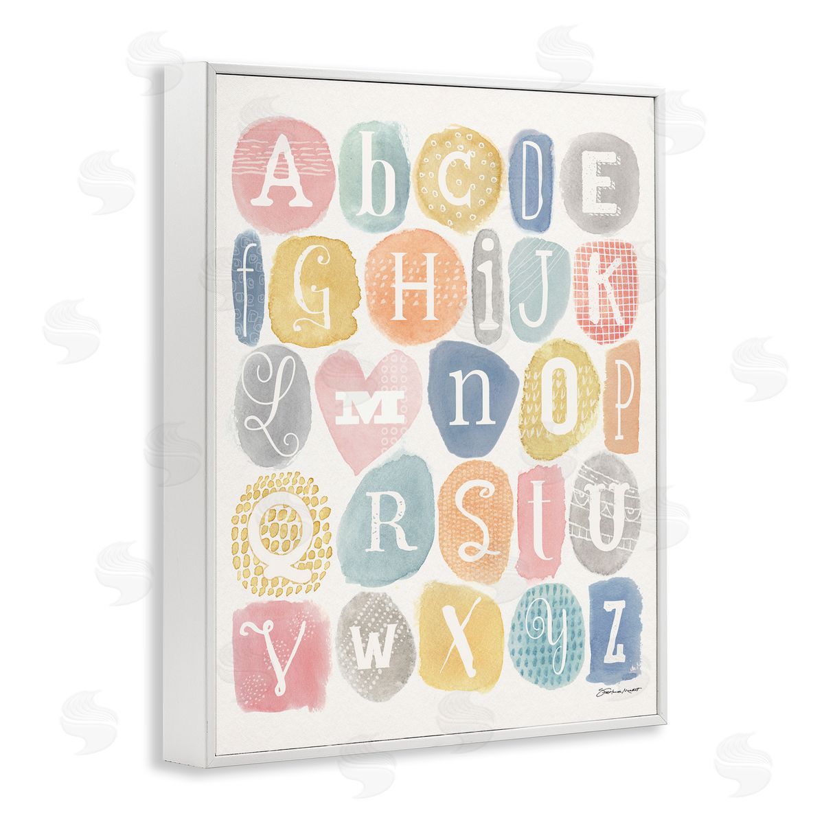 Stephanie Workman Marrott Soft Pattern Watercolor Letters Alphabet Chart White Framed Giclee Wall Art