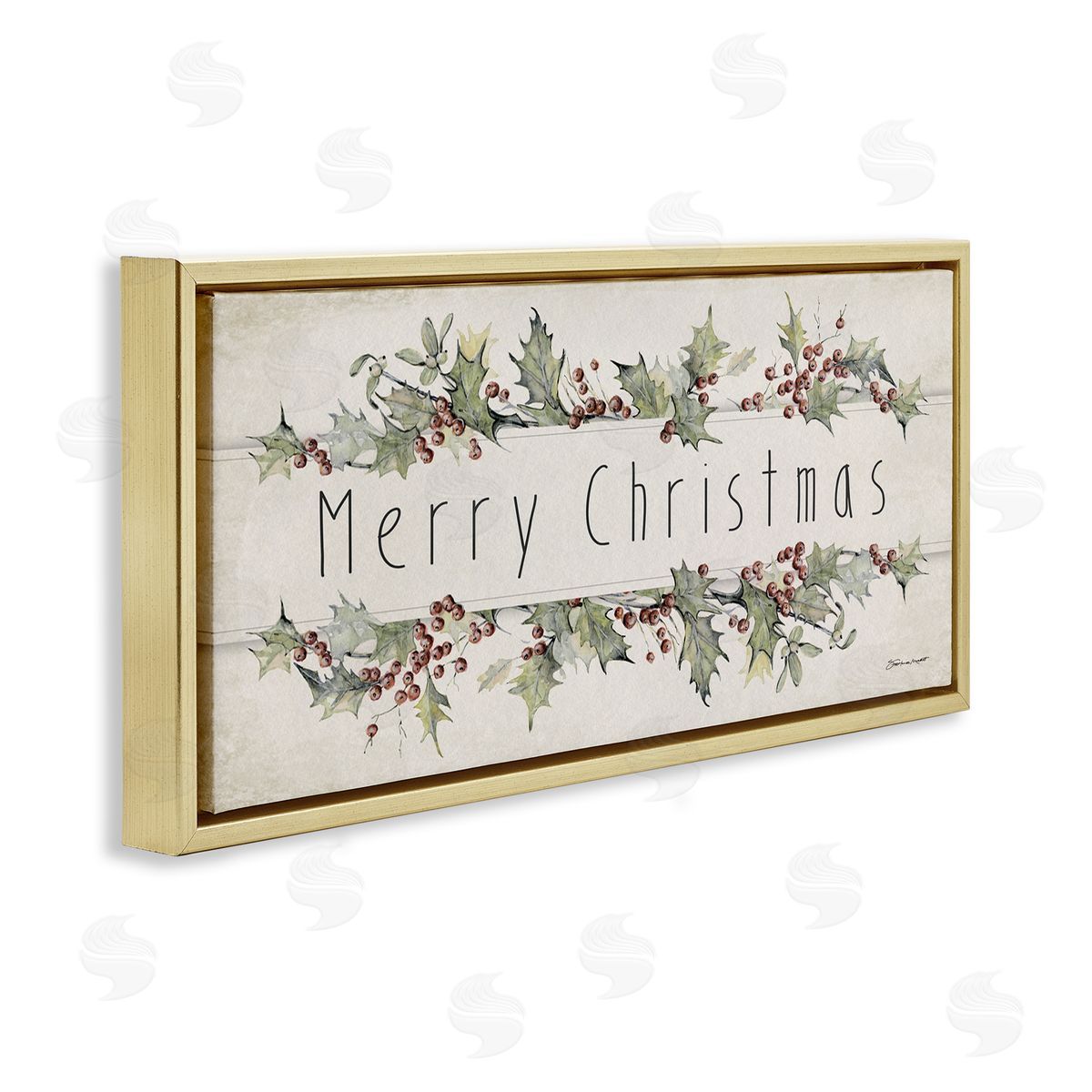 Vintage Merry Christmas Sentiment Gold Floating Frame Canvas Wall Art, Home Decor by Stephanie Workman Marrott