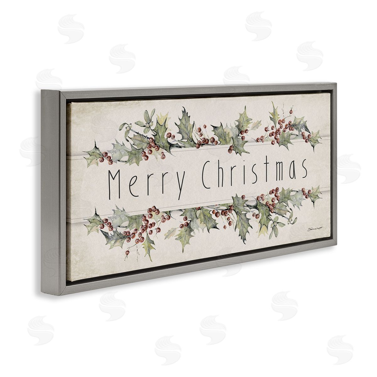 Vintage Merry Christmas Sentiment Grey Floating Frame Canvas Wall Art, Home Decor by Stephanie Workman Marrott