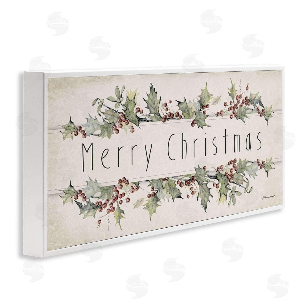 Vintage Merry Christmas Sentiment White Frame Print Wall Art, Home Decor by Stephanie Workman Marrott