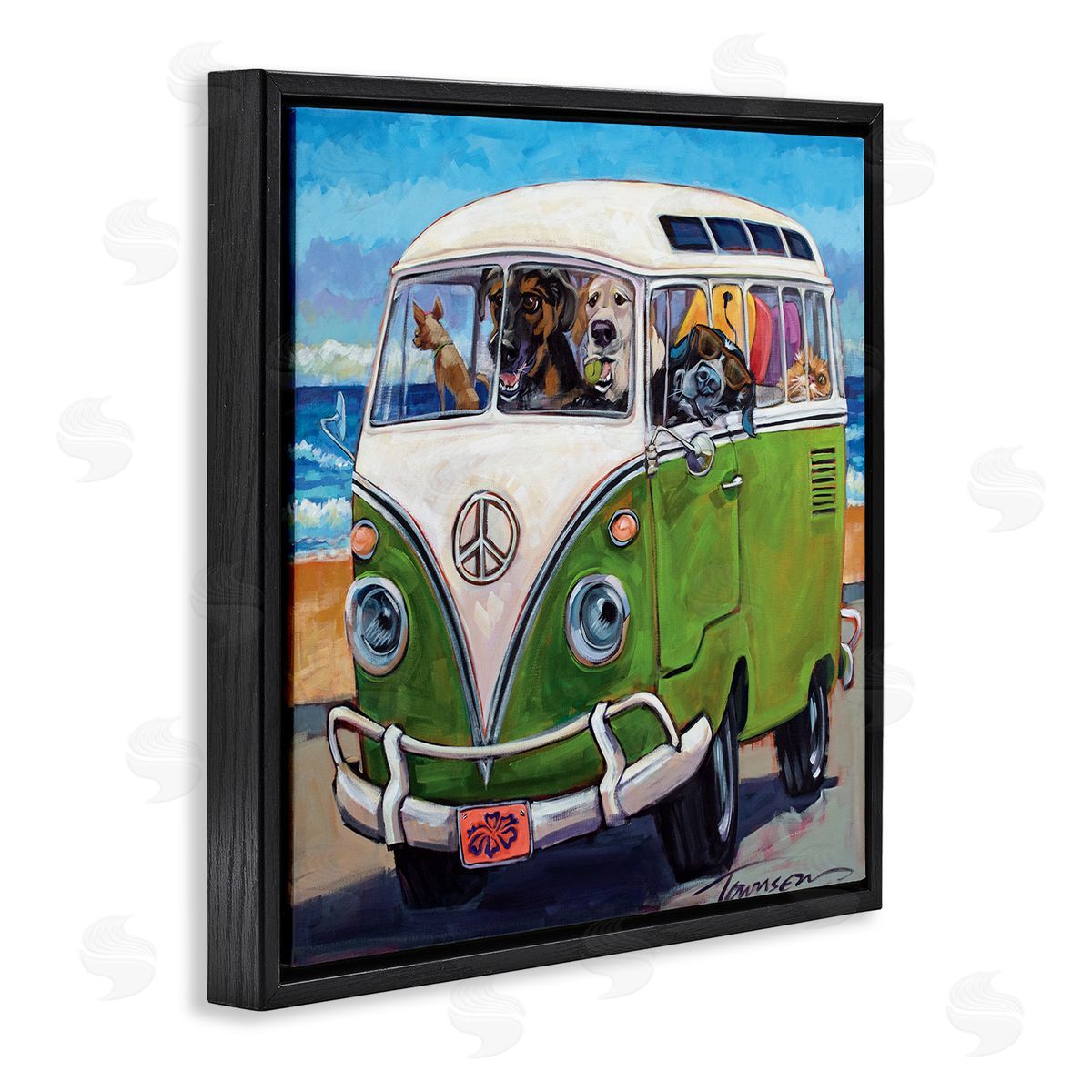 Dogs Driving Retro Van Black Floating Frame Canvas Wall Art, Home Decor by CR Townsend