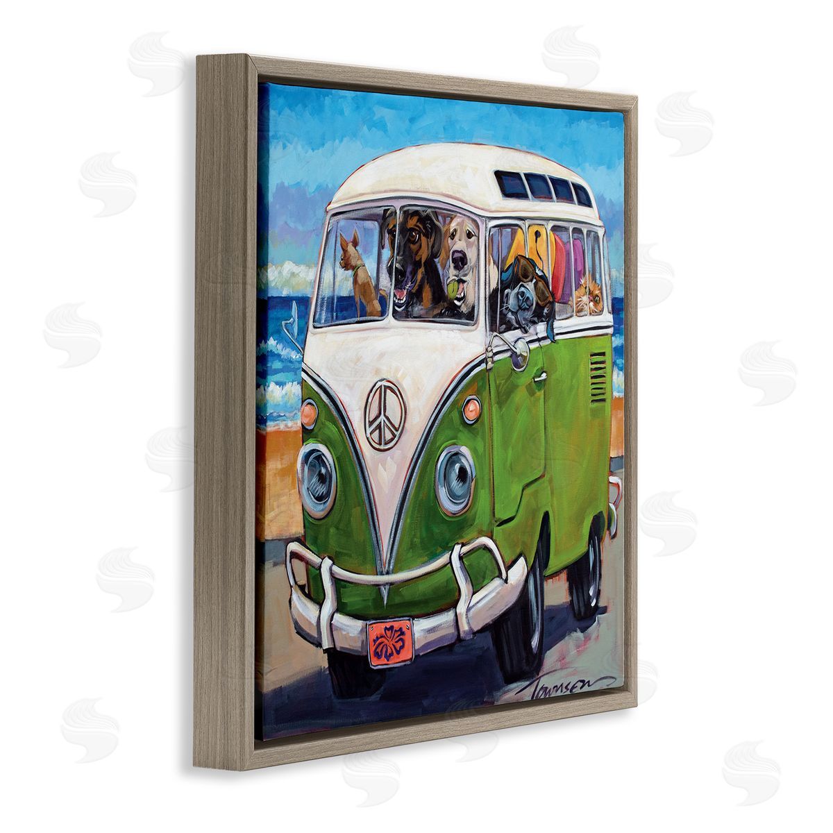 Dogs Driving Retro Van Brown Floating Frame Canvas Wall Art, Home Decor by CR Townsend
