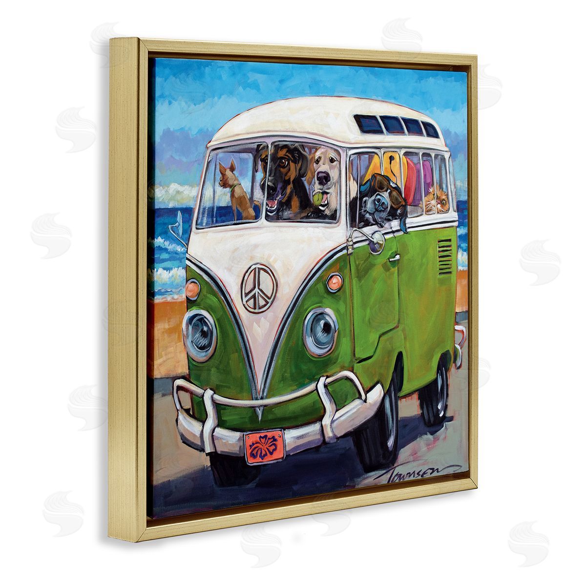 Dogs Driving Retro Van Gold Floating Frame Canvas Wall Art, Home Decor by CR Townsend