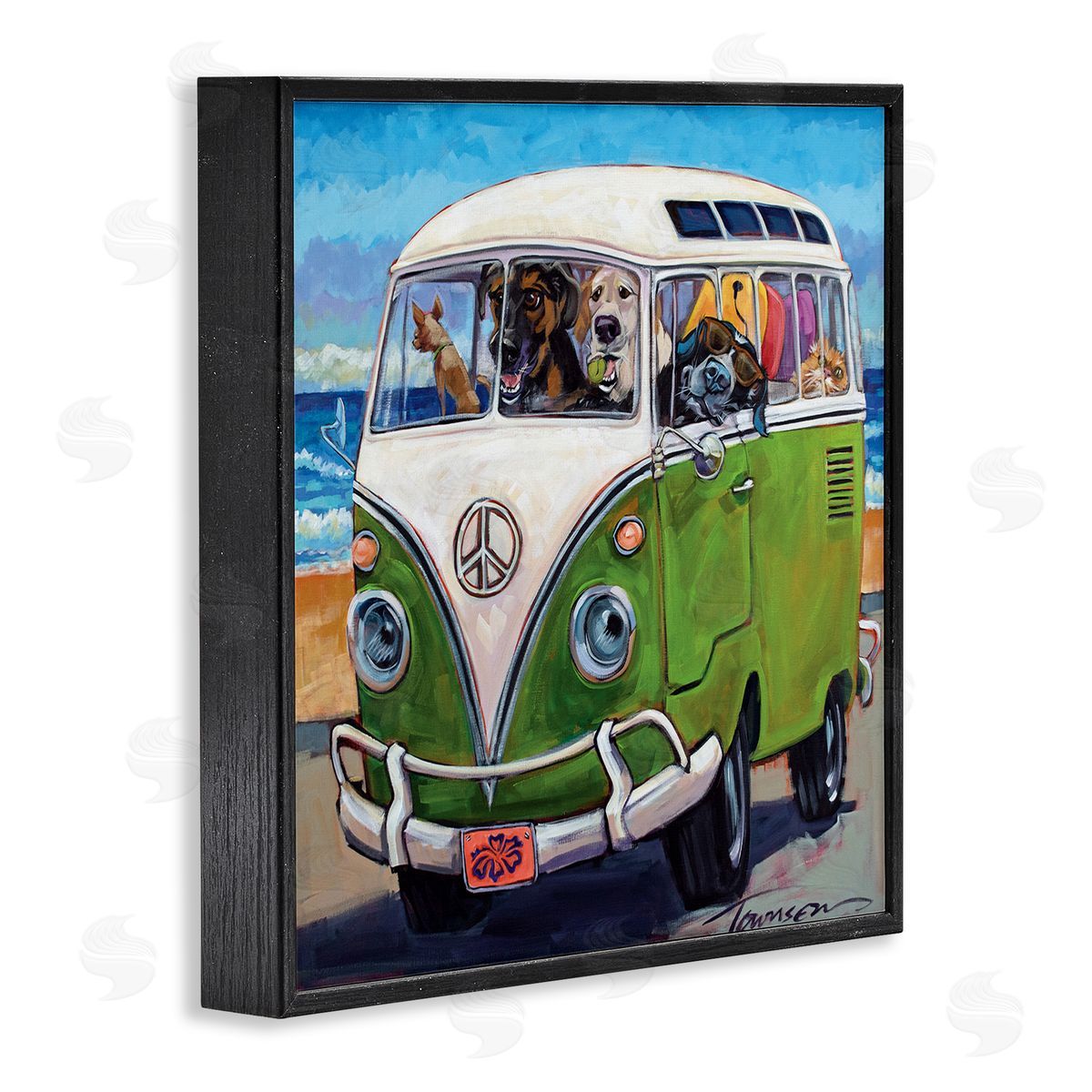 Dogs Driving Retro Van Black Frame Print Wall Art, Home Decor by CR Townsend
