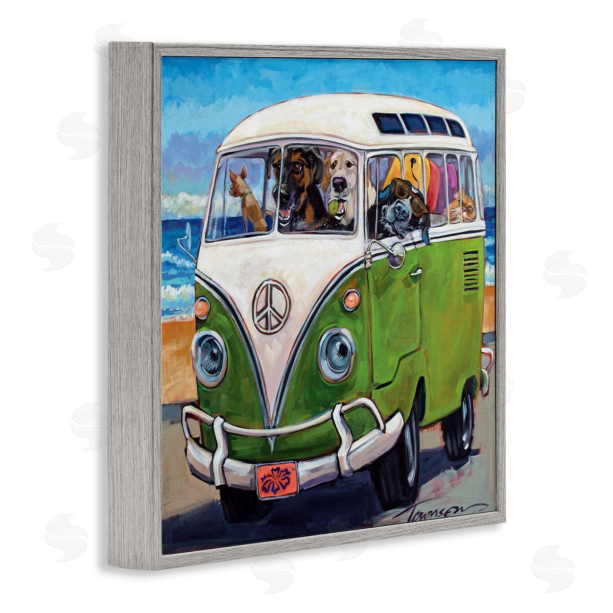 Dogs Driving Retro Van Grey Frame Print Wall Art, Home Decor by CR Townsend