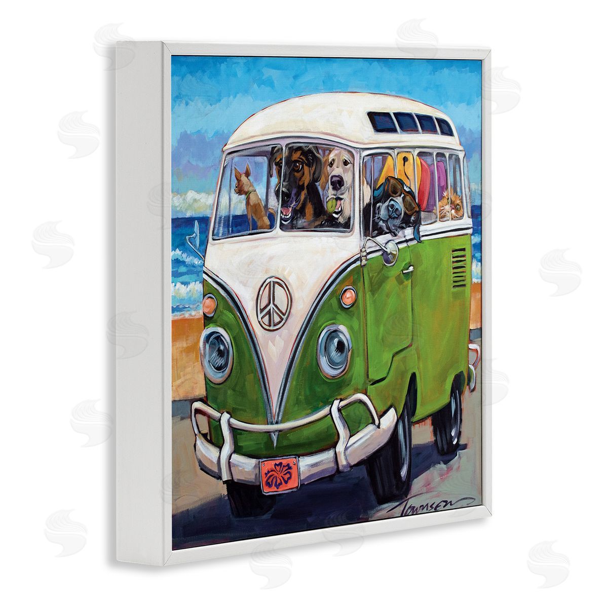 Dogs Driving Retro Van White Frame Print Wall Art, Home Decor by CR Townsend