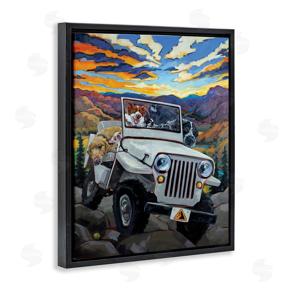 Dogs Off-Roading Desert Drive Black Floating Frame Canvas Wall Art, Home Decor by CR Townsend