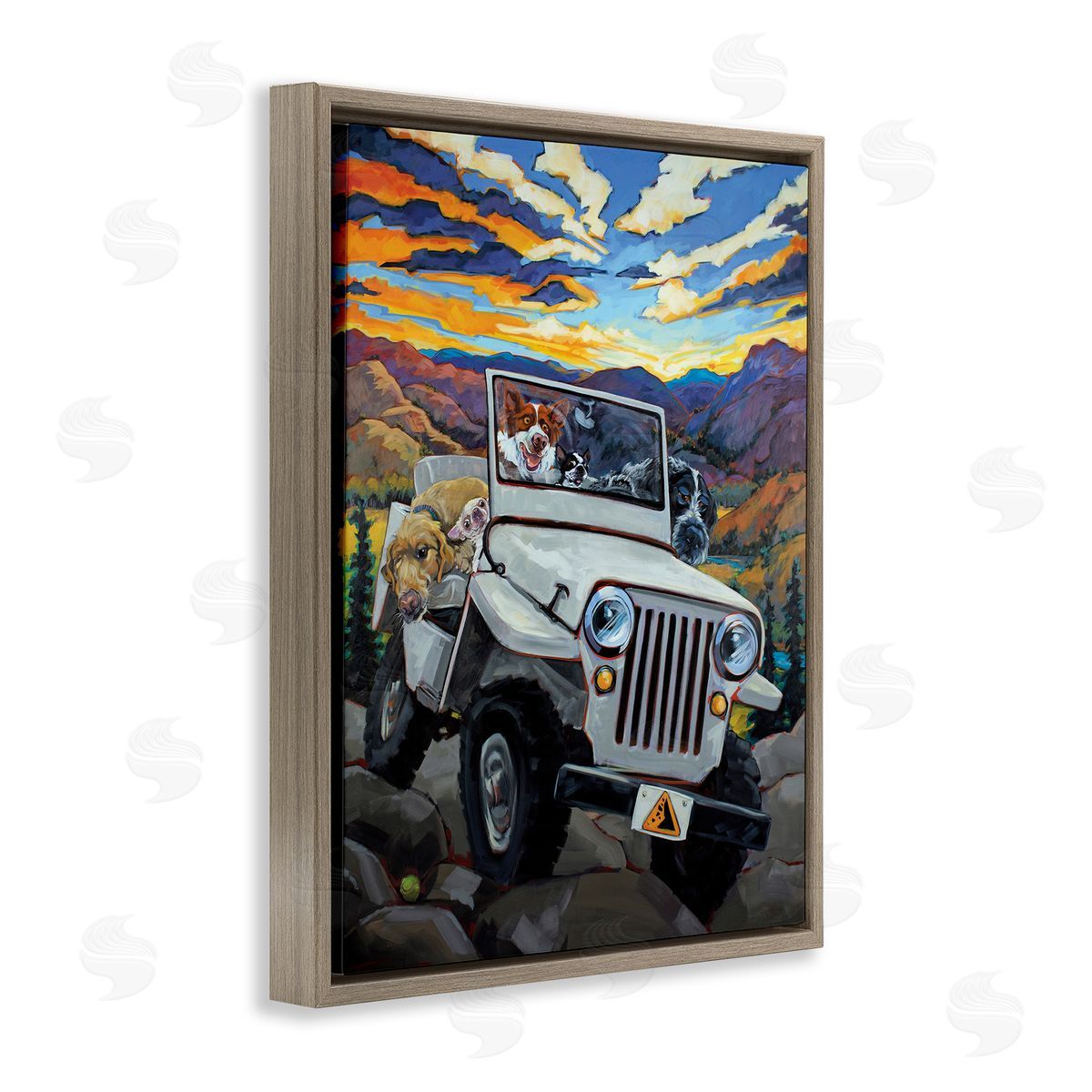 Dogs Off-Roading Desert Drive Brown Floating Frame Canvas Wall Art, Home Decor by CR Townsend