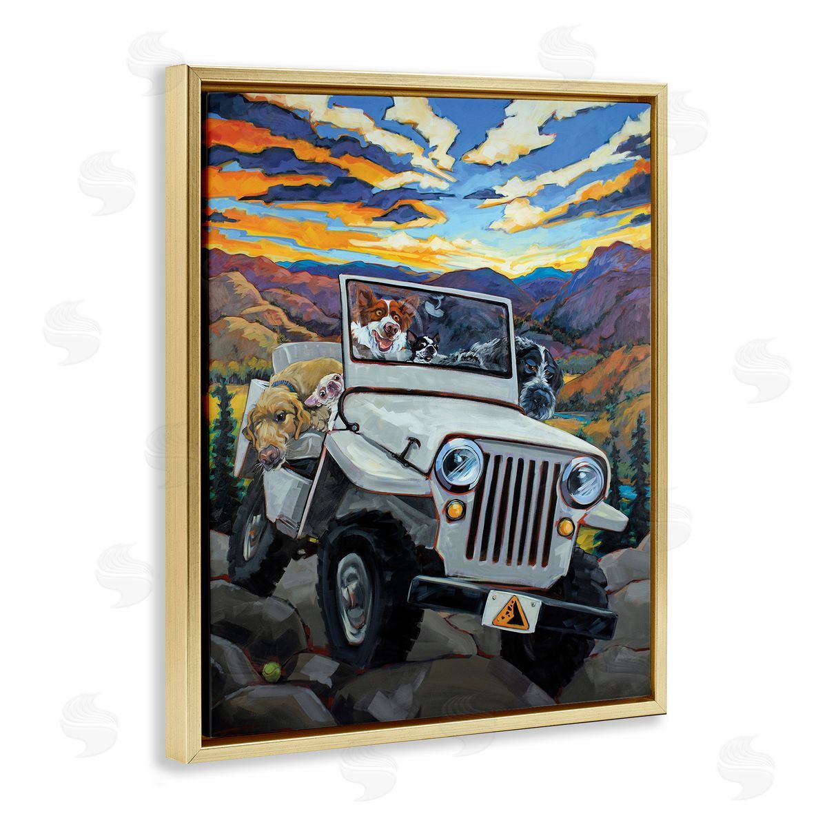 Dogs Off-Roading Desert Drive Gold Floating Frame Canvas Wall Art, Home Decor by CR Townsend