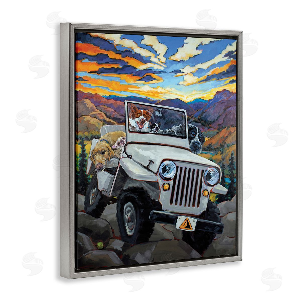 Dogs Off-Roading Desert Drive Grey Floating Frame Canvas Wall Art, Home Decor by CR Townsend