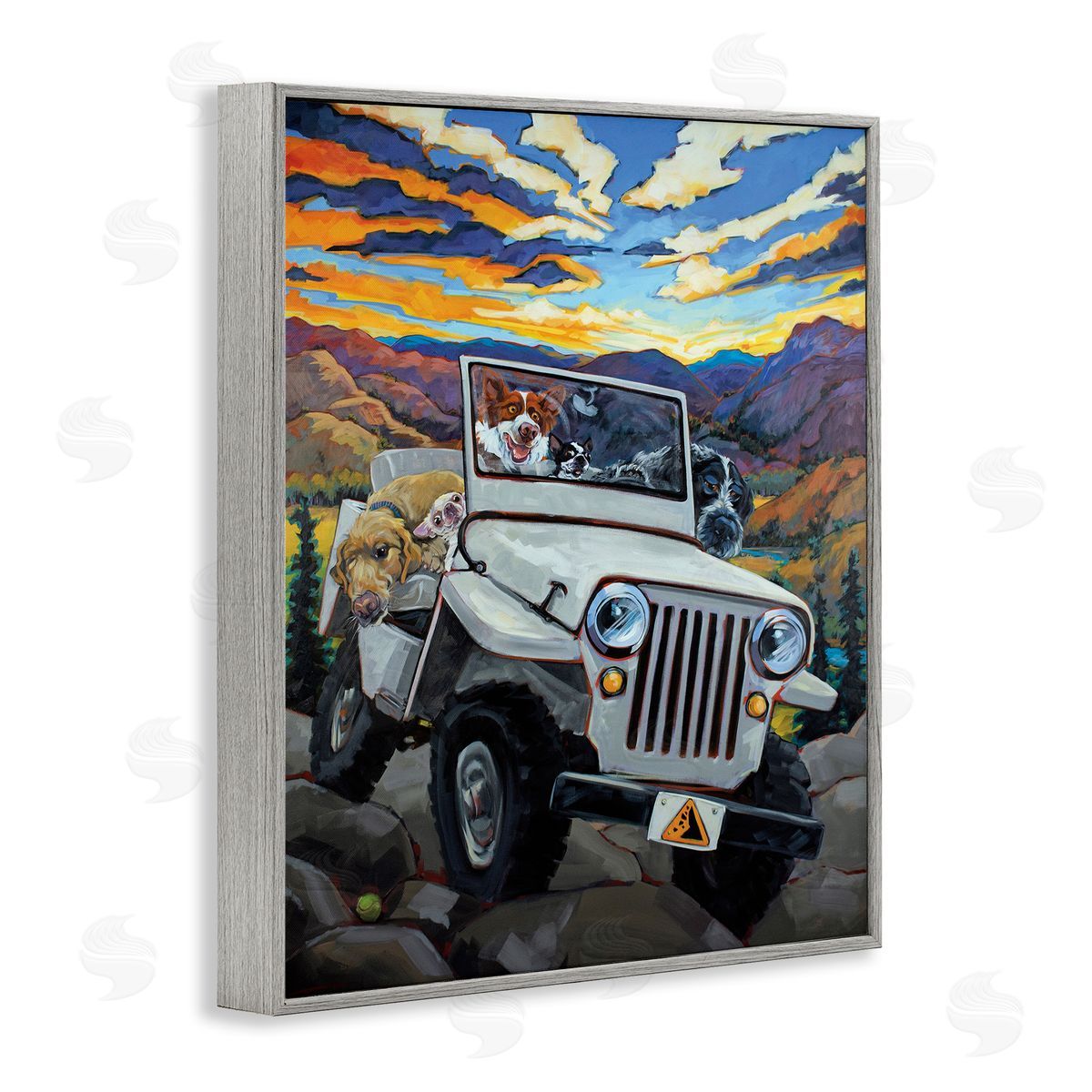 Dogs Off-Roading Desert Drive Grey Frame Print Wall Art, Home Decor by CR Townsend