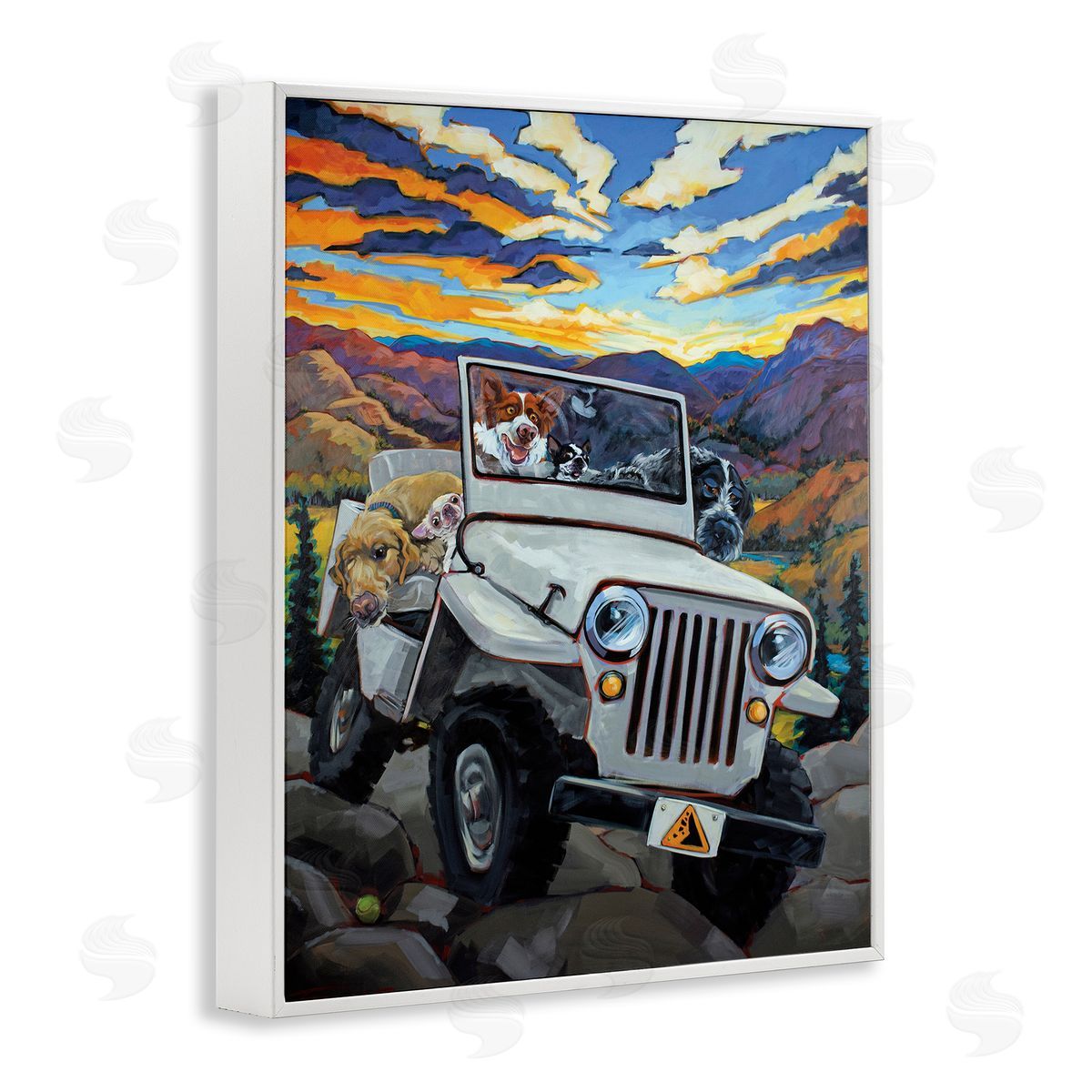 Dogs Off-Roading Desert Drive White Frame Print Wall Art, Home Decor by CR Townsend
