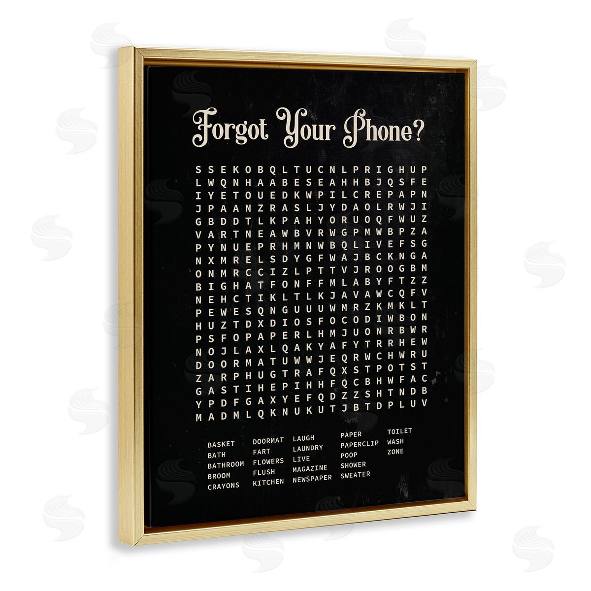 Lettered and Lined Forgot Your Phone Crossword Activity Distressed Black Gold Floater Frame Canvas Art