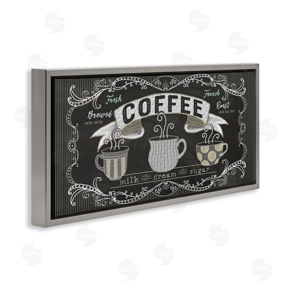 Andi Metz Freshly Brewed Coffee Sign Parisian Pattern Gray Floater Frame Canvas Art
