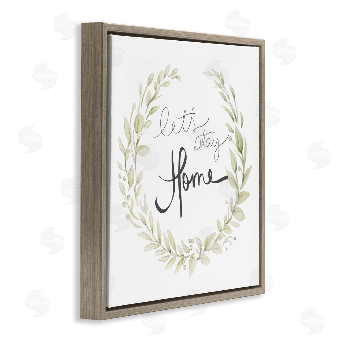 Janice Gaynor Let's Stay Home Phrase Soft Green Foliage Brown Floater Frame Canvas Art