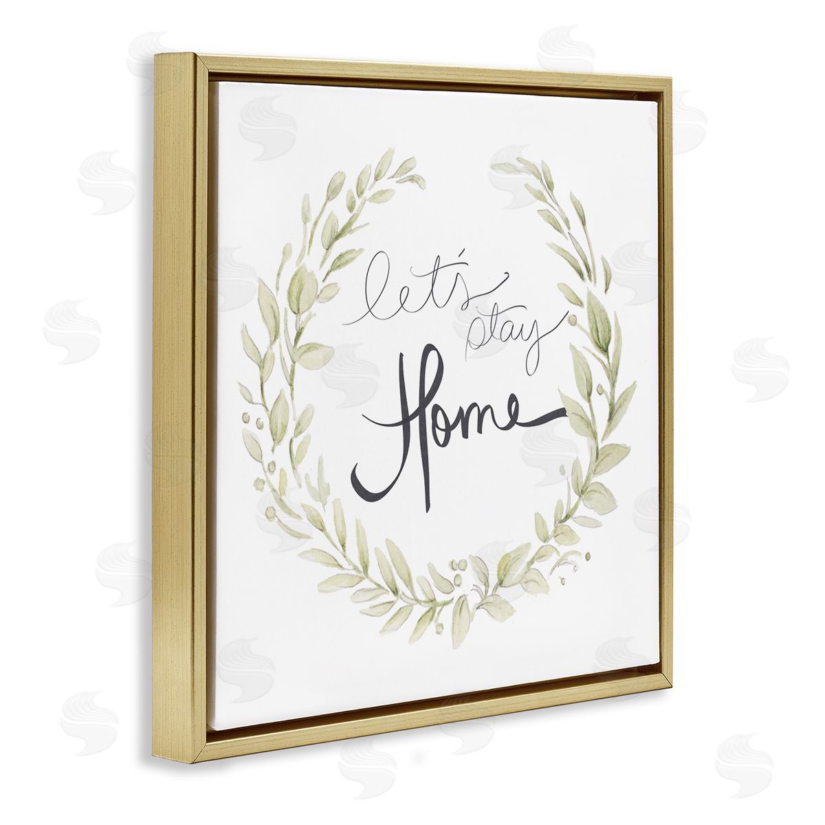 Janice Gaynor Let's Stay Home Phrase Soft Green Foliage Gold Floater Frame Canvas Art