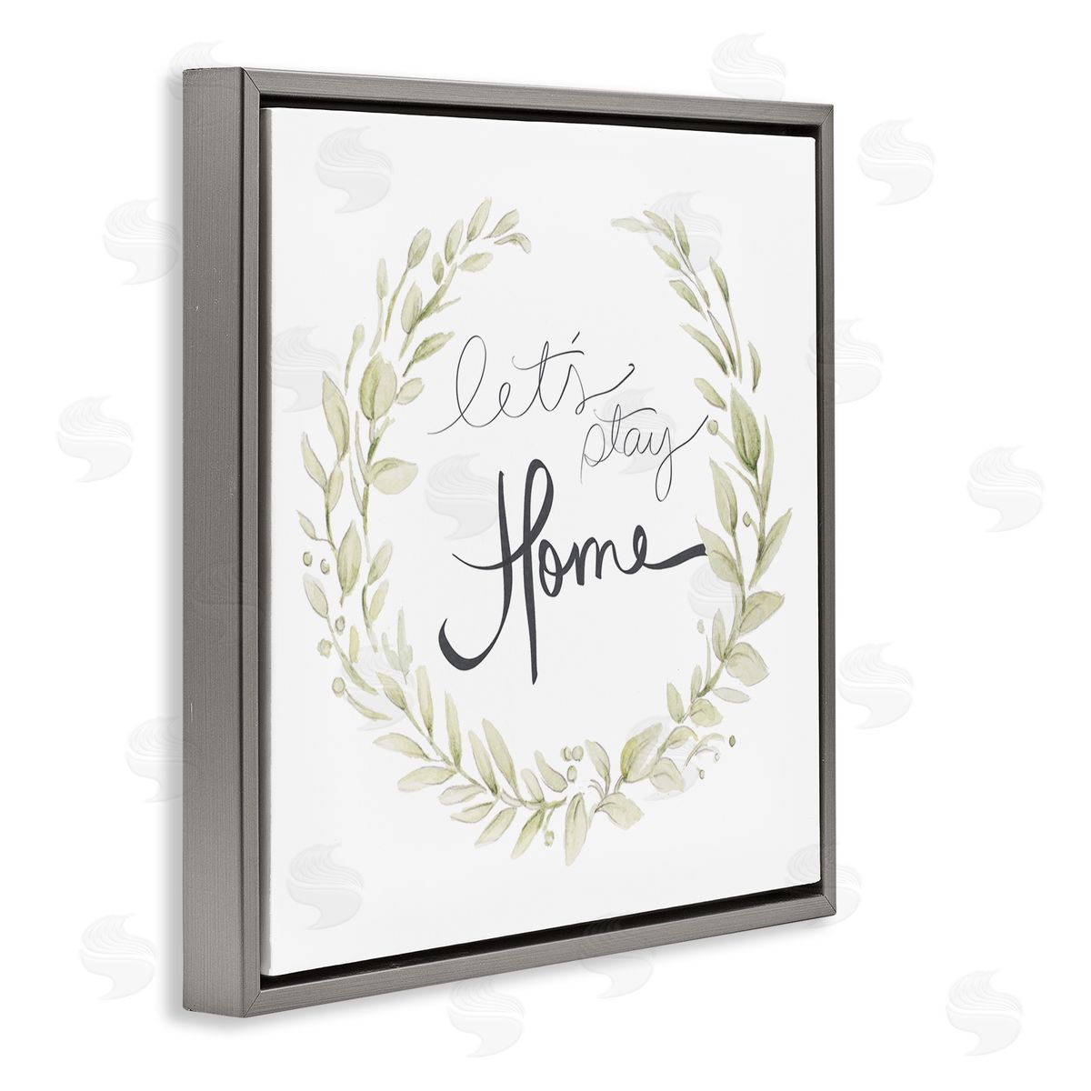 Janice Gaynor Let's Stay Home Phrase Soft Green Foliage Gray Floater Frame Canvas Art