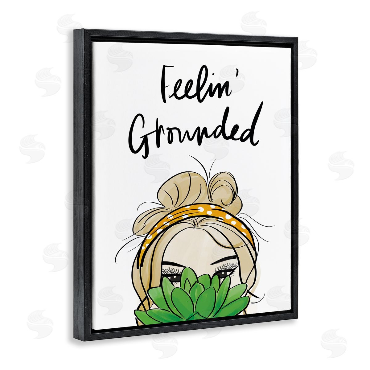Anna Quach Feelin' Grounded Phrase Woman With Plant Black Floater Frame Canvas Art
