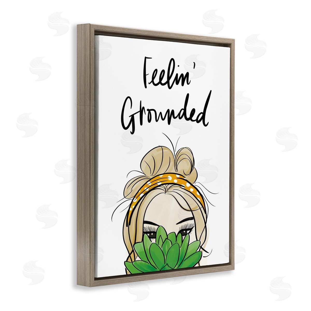Anna Quach Feelin' Grounded Phrase Woman With Plant Brown Floater Frame Canvas Art