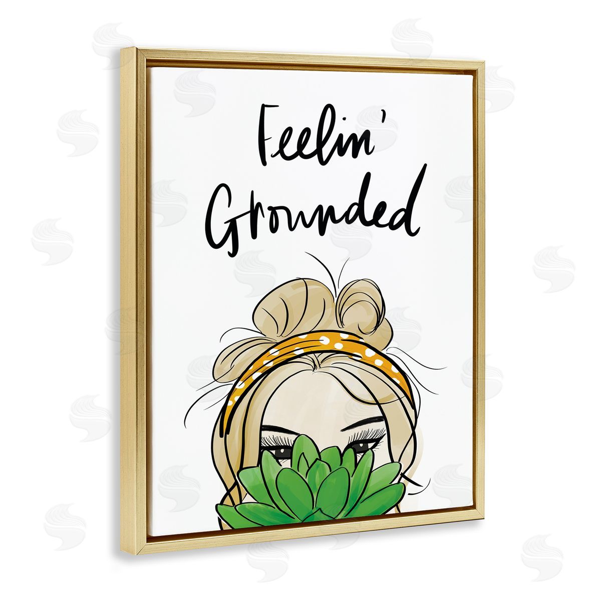 Anna Quach Feelin' Grounded Phrase Woman With Plant Gold Floater Frame Canvas Art