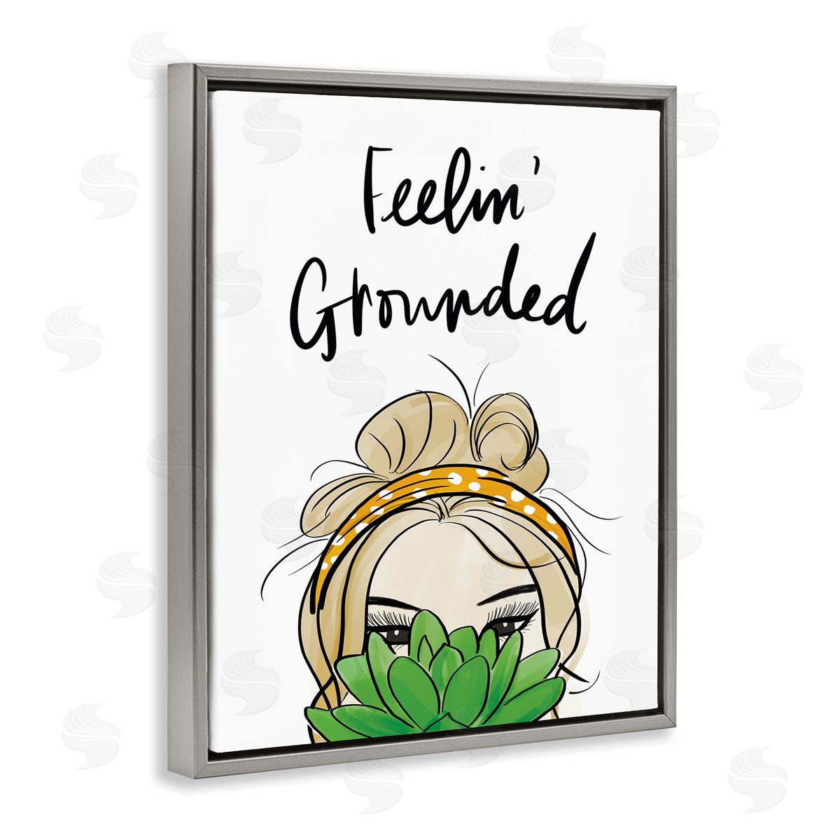 Anna Quach Feelin' Grounded Phrase Woman With Plant Gray Floater Frame Canvas Art