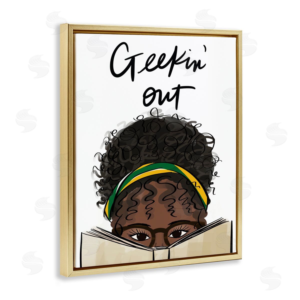 Anna Quach Geekin' Out Phrase Woman Reading Book Gold Floater Frame Canvas Art