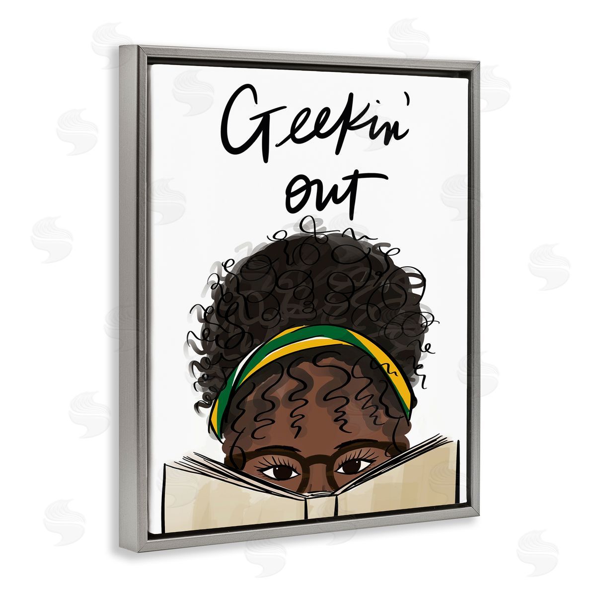 Anna Quach Geekin' Out Phrase Woman Reading Book Gray Floater Frame Canvas Art