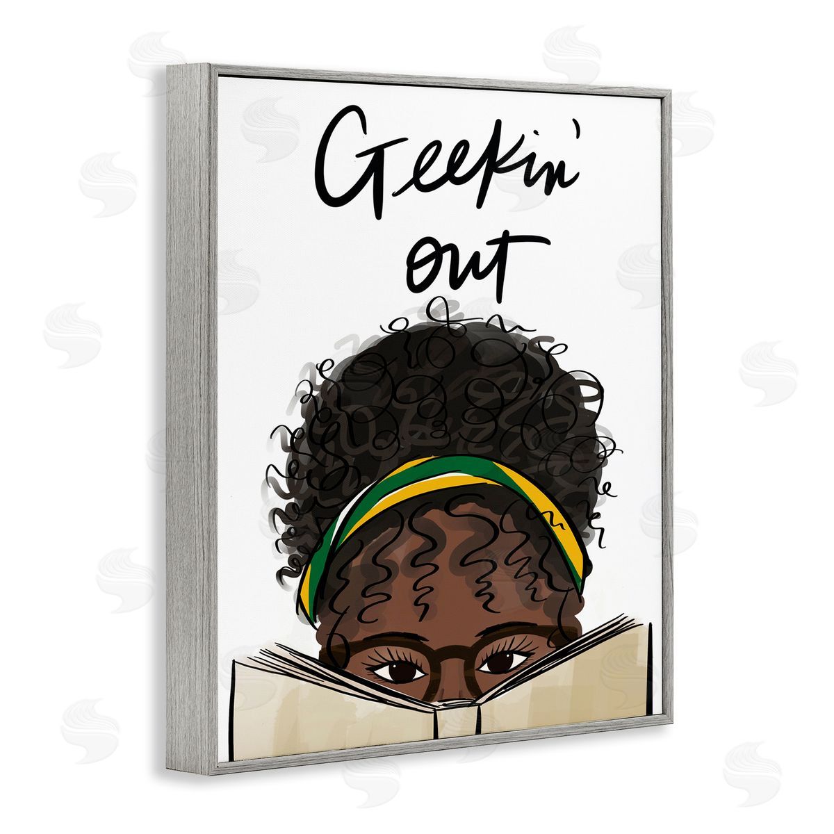 Anna Quach Geekin' Out Phrase Woman Reading Book Gray Framed Giclee Wall Art