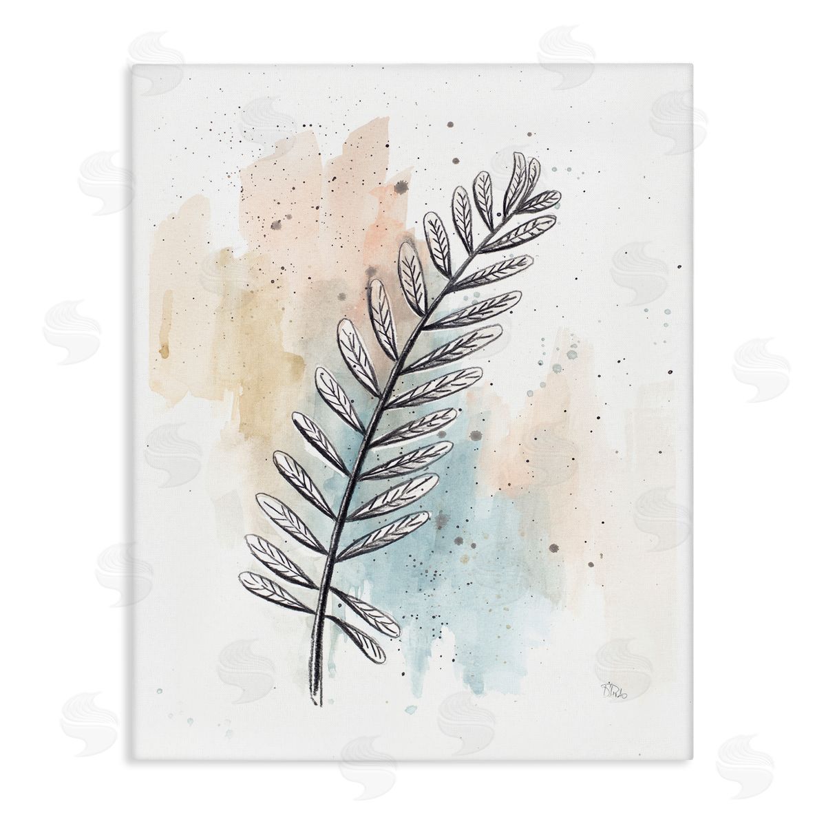 Patricia Pinto Foliage Plant Stem over Blue Beige Watercolor Canvas Wall Art