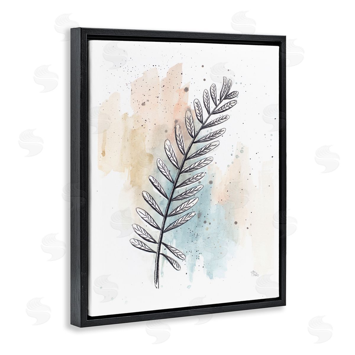 Patricia Pinto Foliage Plant Stem over Blue Beige Watercolor Black Floater Frame Canvas Art