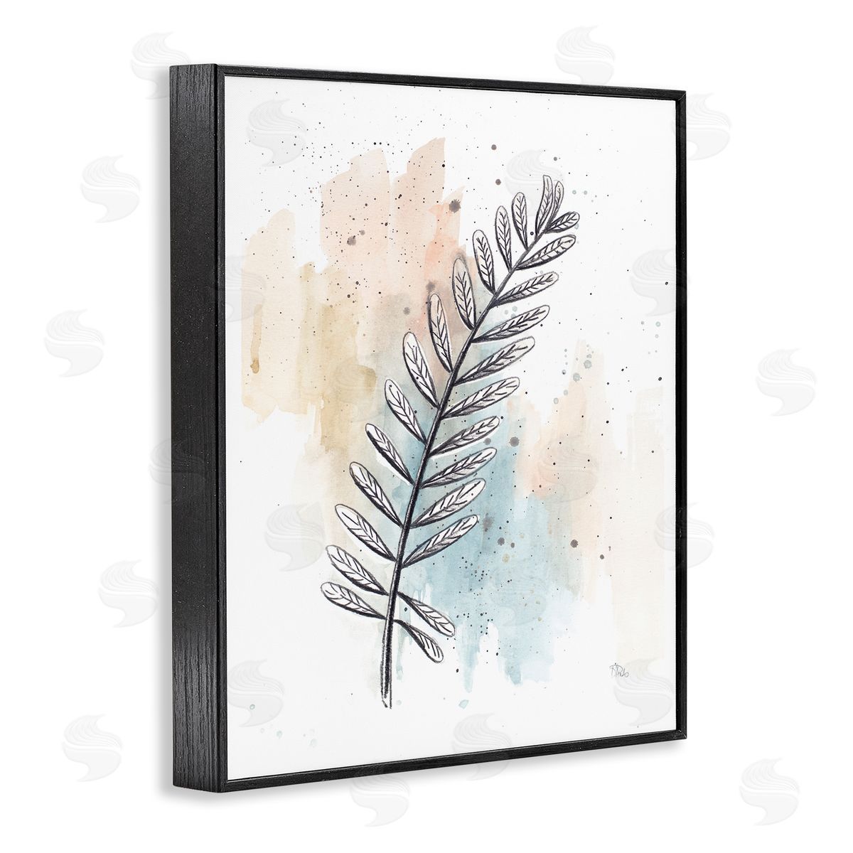 Patricia Pinto Foliage Plant Stem over Blue Beige Watercolor Black Framed Giclee Wall Art