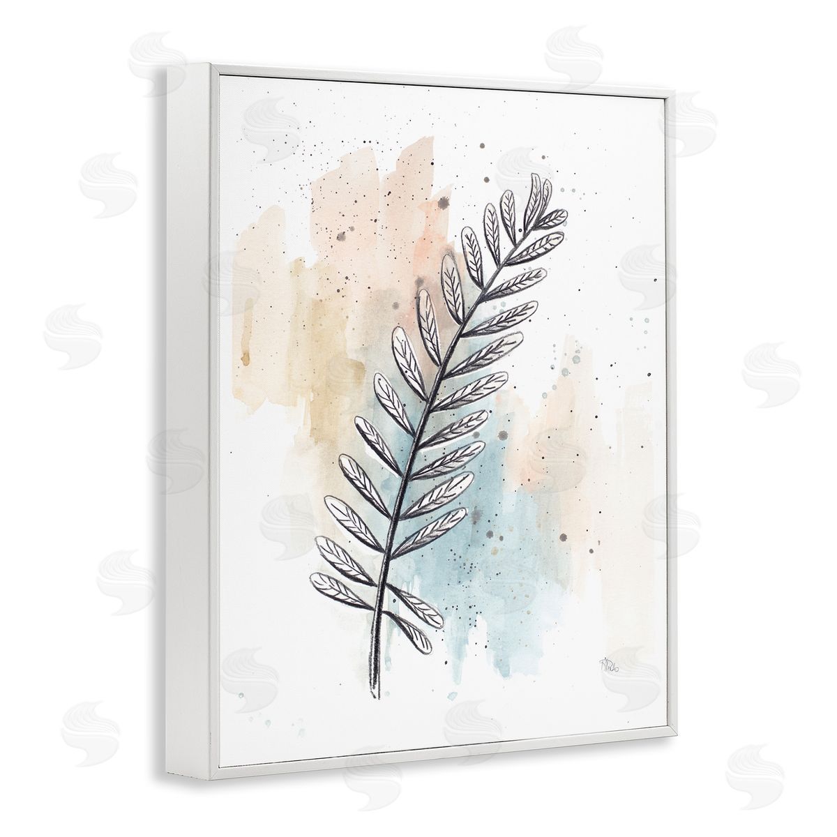 Patricia Pinto Foliage Plant Stem over Blue Beige Watercolor White Framed Giclee Wall Art