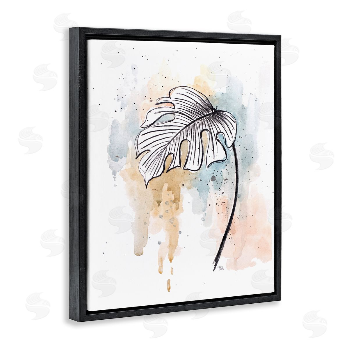 Patricia Pinto Monstera Plant Stem Blue Brown Splatter Watercolor Black Floater Frame Canvas Art