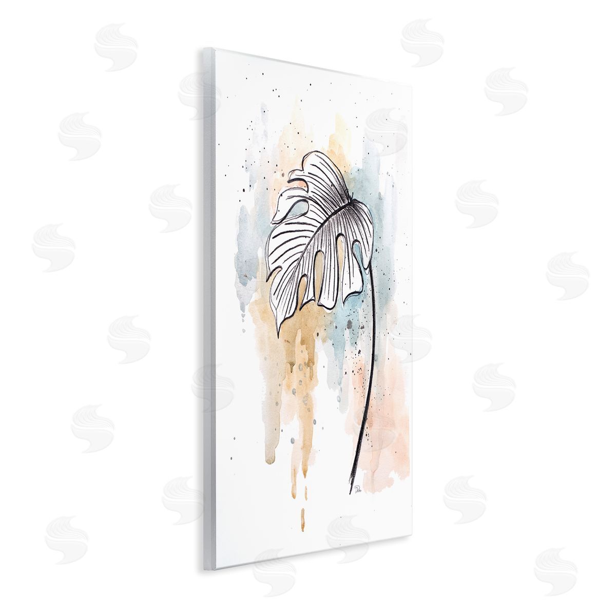 Patricia Pinto Monstera Plant Stem Blue Brown Splatter Watercolor Wall Plaque Art