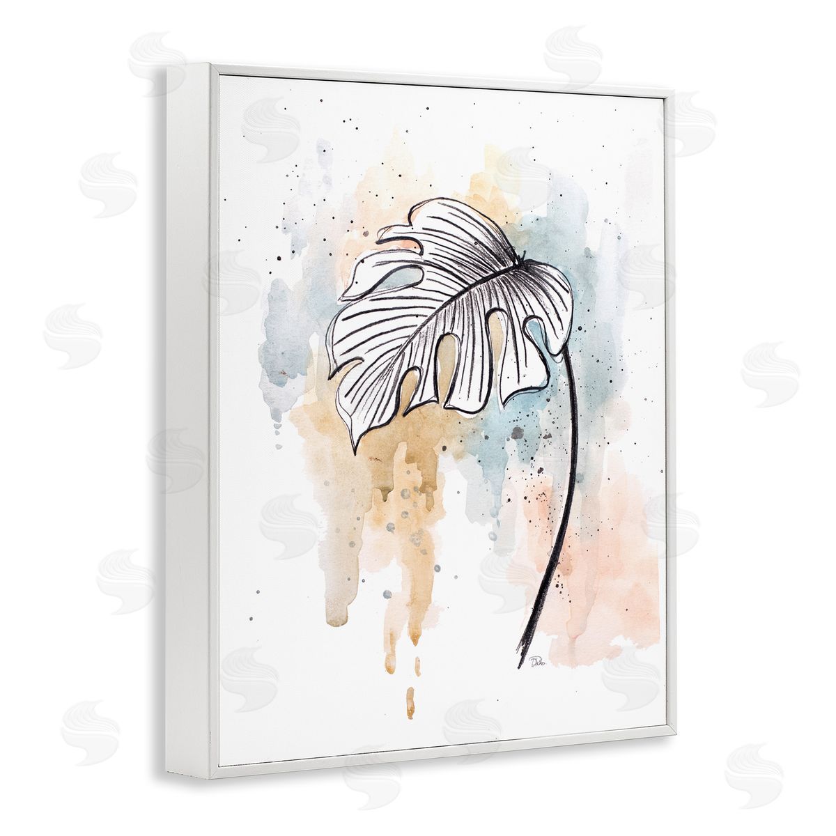 Patricia Pinto Monstera Plant Stem Blue Brown Splatter Watercolor White Framed Giclee Wall Art