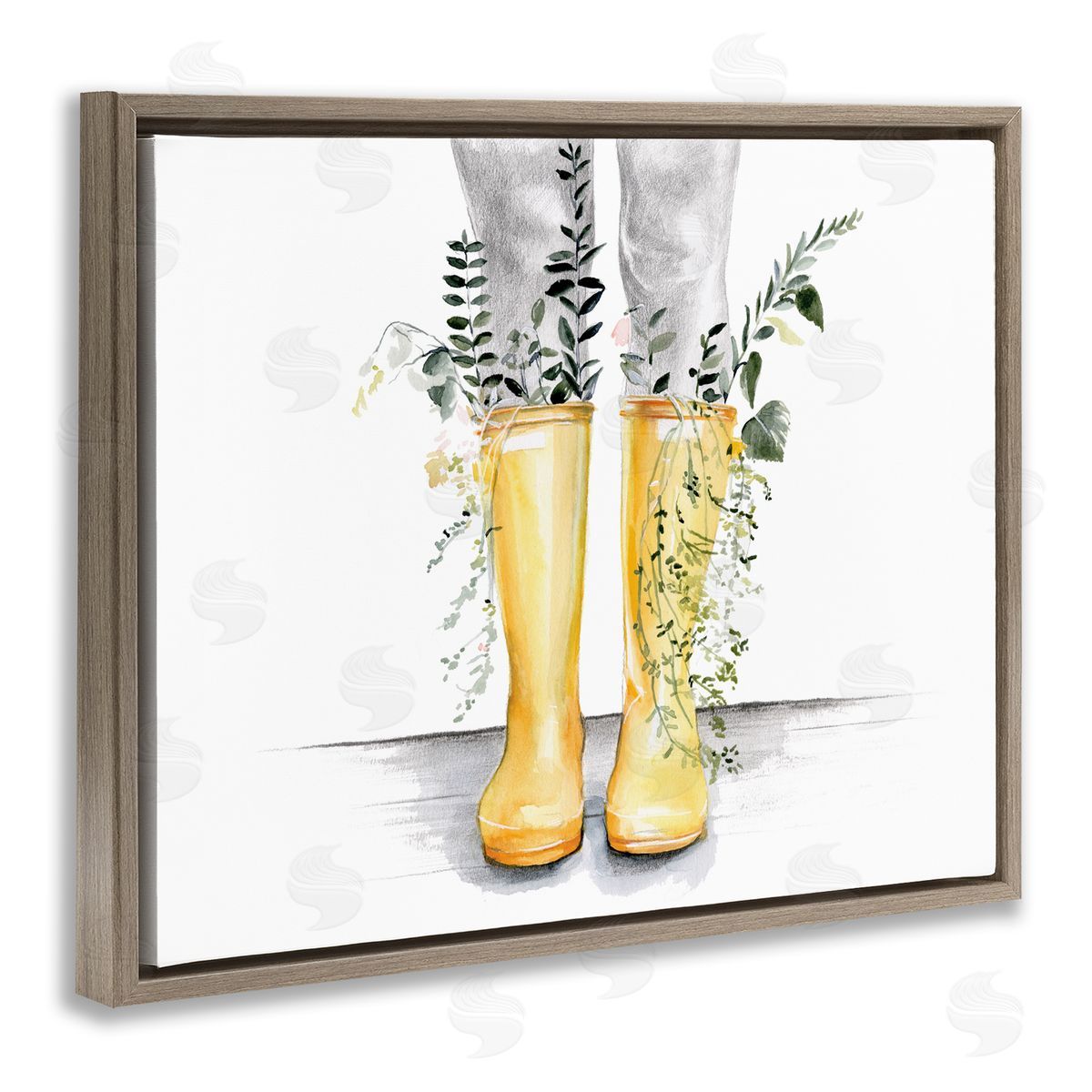 Jennifer Paxton Parker Yellow Rainboot Bouquets Chic Wildflower Foliage Brown Floater Frame Canvas Art