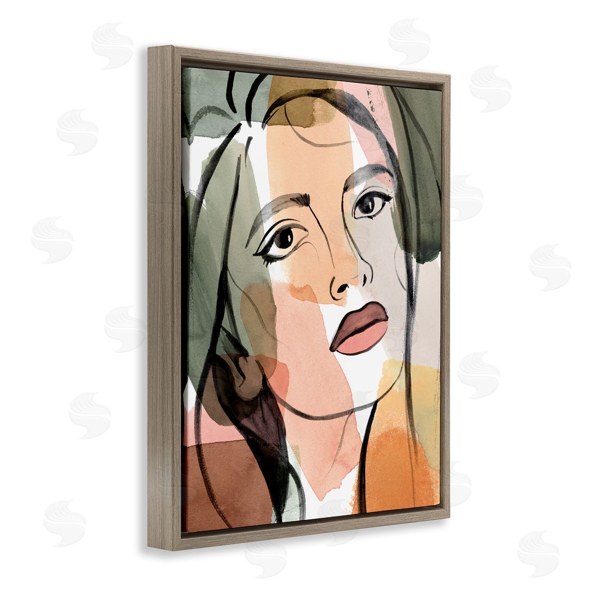 Annie Warren Female Portrait Bold Lips Abstract Paint Strokes Brown Floater Frame Canvas Art