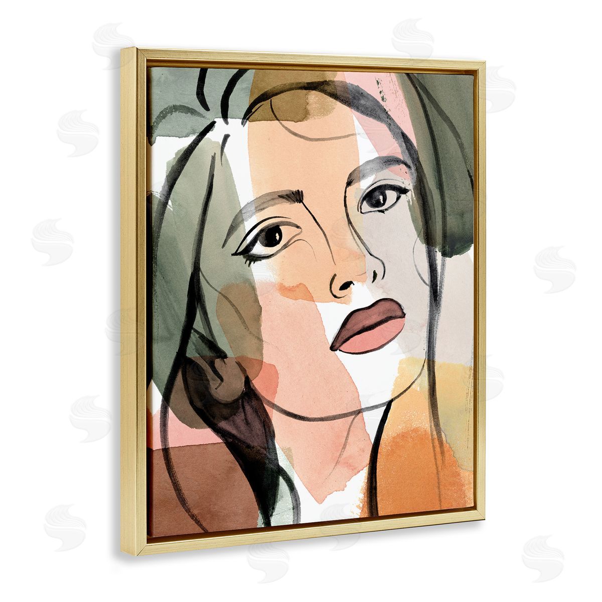 Annie Warren Female Portrait Bold Lips Abstract Paint Strokes Gold Floater Frame Canvas Art