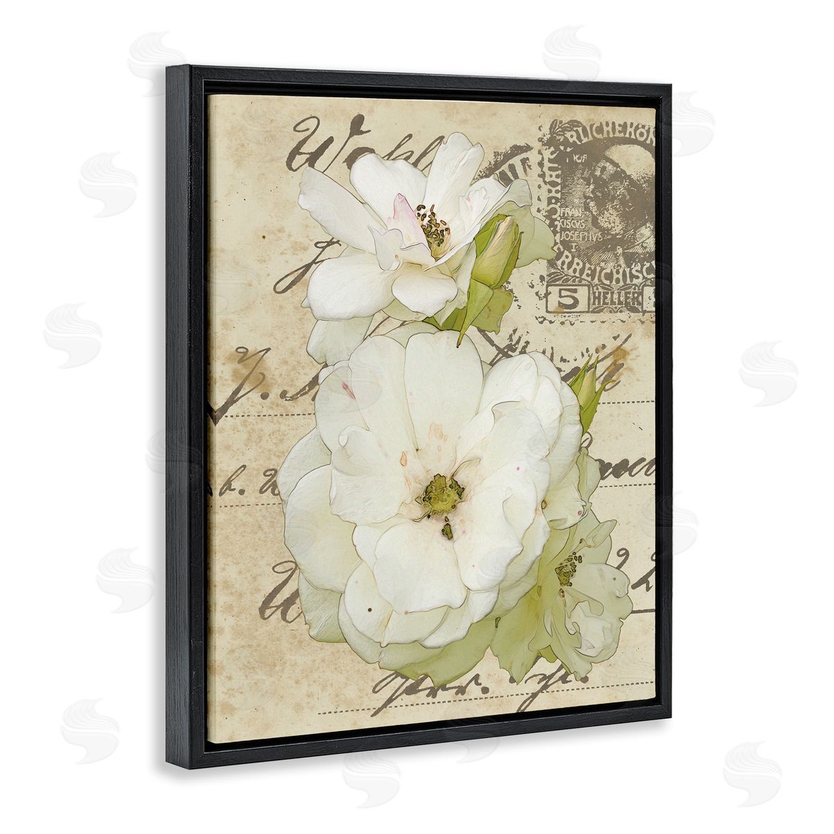 Alonzo Saunders White Country Florals over Vintage Postal Card Black Floater Frame Canvas Art