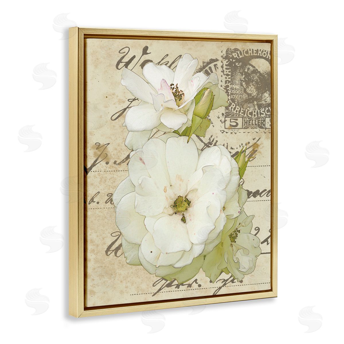 Alonzo Saunders White Country Florals over Vintage Postal Card Gold Floater Frame Canvas Art