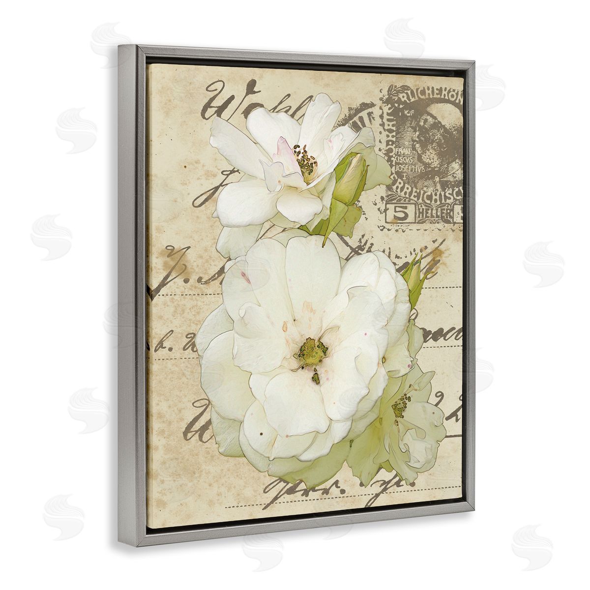 Alonzo Saunders White Country Florals over Vintage Postal Card Gray Floater Frame Canvas Art